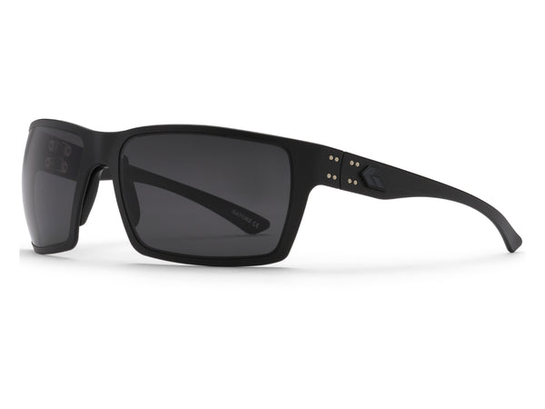 A pair of black polarised sunglasses with a square lens shape and Gatorz branding on the side.