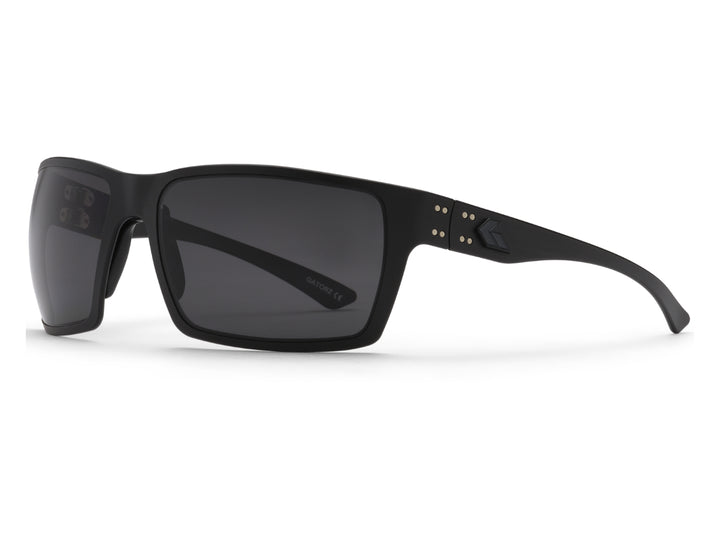 A pair of black polarised sunglasses with a square lens shape and Gatorz branding on the side.